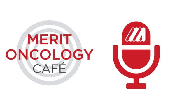 Merit Oncology Cafe text and podcasts microphone icon